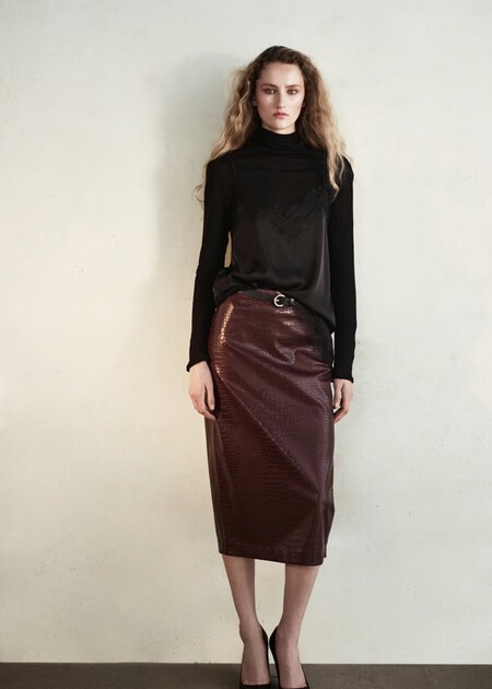 Faldas Efecto Piel Tendencia Otono Mango Midi Bonitas Elegantes Oficina