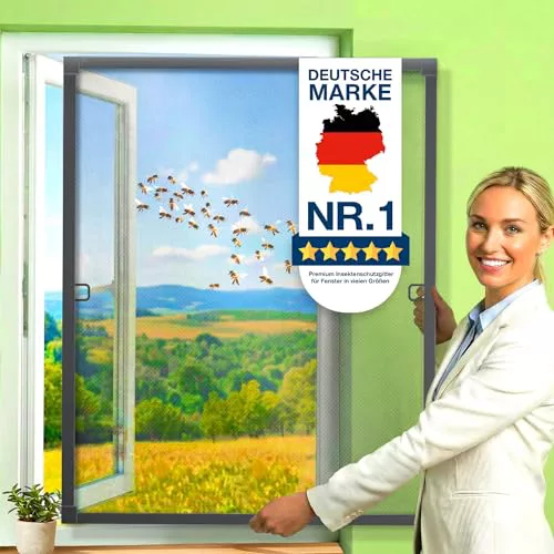 KESSER Mosquitera para ventanas con marco de aluminio, mosquitera, mosquitero, marco de tensión, sin taladrar ni atornillar, 130 x 150 cm, Antracita