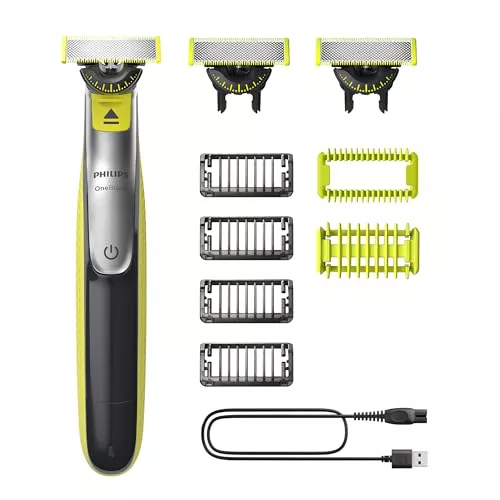 Philips OneBlade 360 Auténtico Barbero, afeitadora y recortadora eléctrica facial y corporal, 3x 360 cuchillas, 4x peine para barba incipiente (1,2,3,5mm), 1x kit corporal, QP2834/31