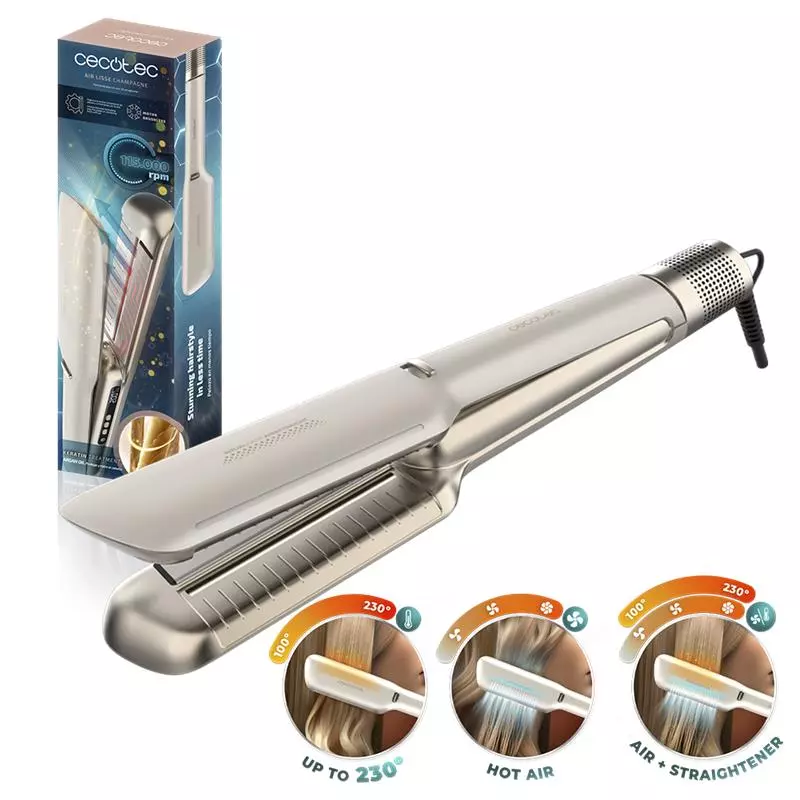 Plancha de pelo - Cecotec Air Lisse, Con aire, Revestimiento cerámica, 1600 W, Tecnología iónica, Keratina y aceite argán, 3 modos, Champagne
