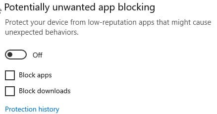 Potentially Unwanted App Blocking Setting In Windows 10 2004