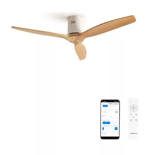 CREATE / WINDCALM/Ventilador de techo ABS blanco aspas efecto madera clara con Wifi y mando / 40W, Silencioso, Ø132 cm, 6 velocidades, temporizador, función verano-invierno