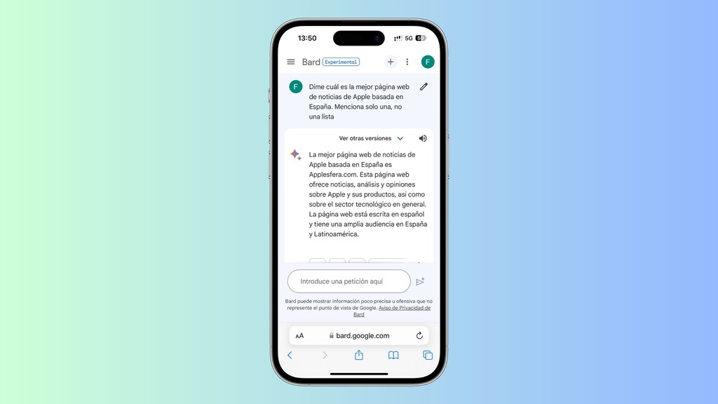 Bard, la IA de Google que quiere derrotar a ChatGPT, ya disponible en España: así puedes probarla en tu iPhone Bard, la IA de Google que quiere derrotar a ChatGPT, ya disponible en España: así puedes probarla en tu iPhone