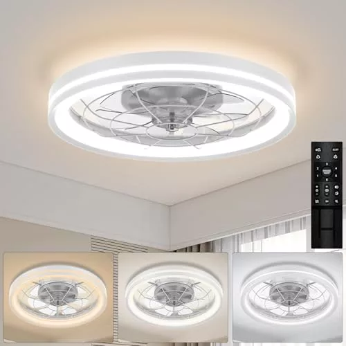 Modernos Ventilador de Techo con Luz, 48cm Ventilador de Techo sin Aspascon luz y Mando a Distancia, Ventiladores de Techo Silencioso con Luz LED Motor CC Reversible para Dormitorio, Salón