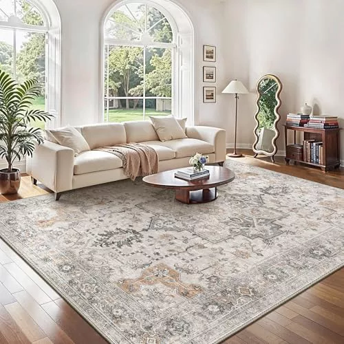 GENIMO Alfombra Salon Vintage Alfombras de Área Lavables en Máquina, Alfombras con Base Antideslizante, Alfombra de Dormitorio de Pelo Corto para Cocina, Comedor, Marrón Claro Taupe, 200X290CM