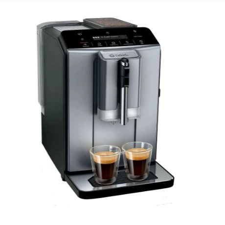Cafetera superautomática - Bosch TIE20504, 15 bar, 1300 W, 2 tazas, SensoFlow System, OneTouch, Diamond titanium metallic
