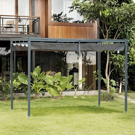 Outsunny Pérgola 3x2 m Cenador Jardín con Techo Retráctil Poliéster para Fiestas