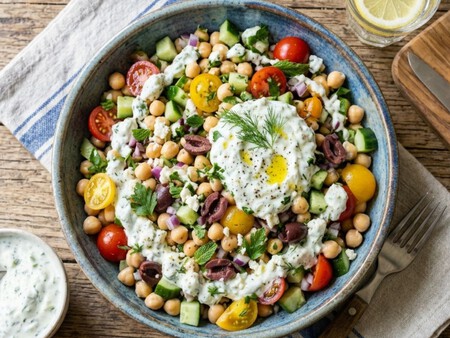 Cómo hacer una ensalada de garbanzos enlatados con salsa cremosita, una receta para acompañar pollo a la plancha