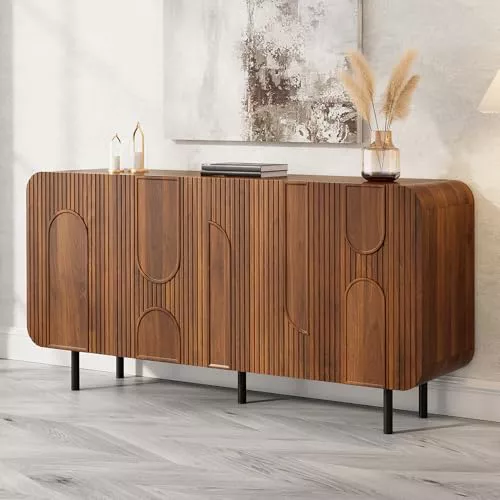 DACHETOU Aparador Mid-Century, 4 puertas, 8 compartimentos, 160 x 40 x 79 cm, estantes ajustables, efecto nogal