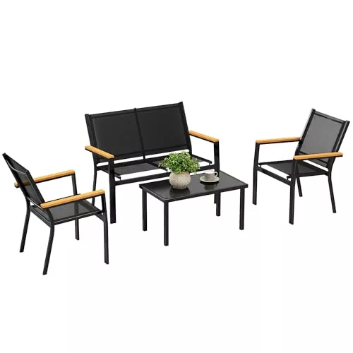 Outsunny Conjunto Jardín Exterior de 4 Piezas con Sofá de 2 Plazas Negro