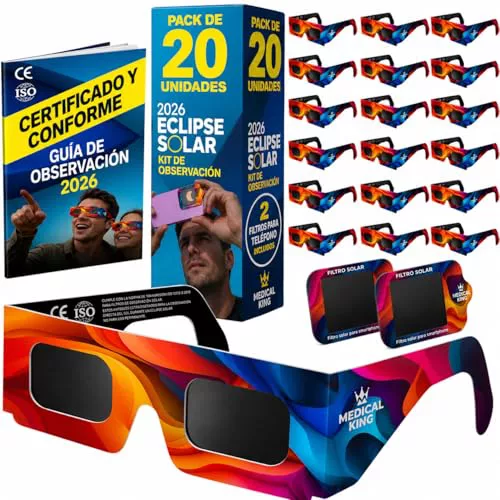 Medical king 20 Gafas Eclipse Solar Homologadas - Aprobados según la norma ISO, con certificación CE: Gafas para ver eclipses solar 2026