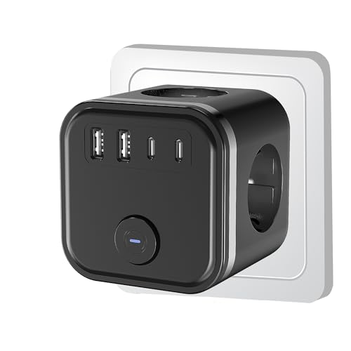 7 en 1 USB Cubo Enchufe, Ladron Enchufes 3680W, Múltiples Pared con 3 Tomas de CA, 2 Tipo C y Interruptor, regleta enchufes con USB, Cargador Ladron para Hogar Oficina, Negro