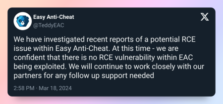 Imagen del tuit de Easy Anti-Cheat