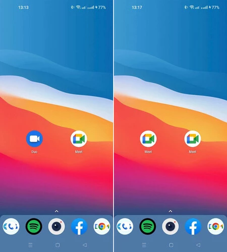 最新バージョンに更新する前と後の 2 つの Google Meet アイコン