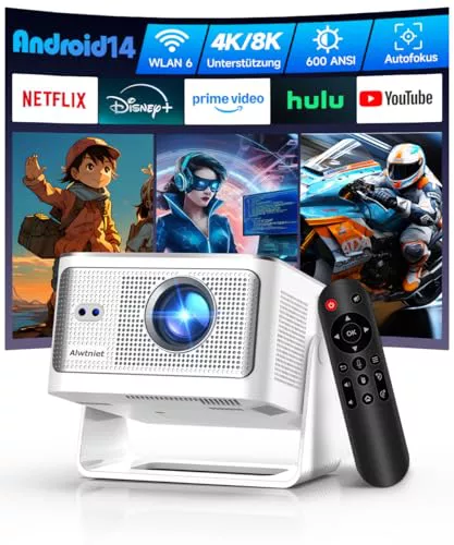 Alwtniet Proyector Portatil 4K 8K, Native Full HD 1080P Mini Projetor Android 14, WiFi 6 Bluetooth 5.4, Autoenfoque 6D Auto Keystone 180° Rotación para Cine Móvil en Casa Smart TV Tiro Ultra Corto
