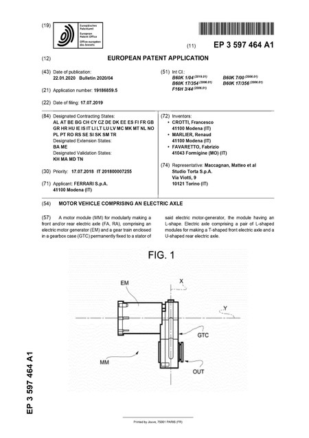 Ferrari Electric Patent Ep3597464a1 Main
