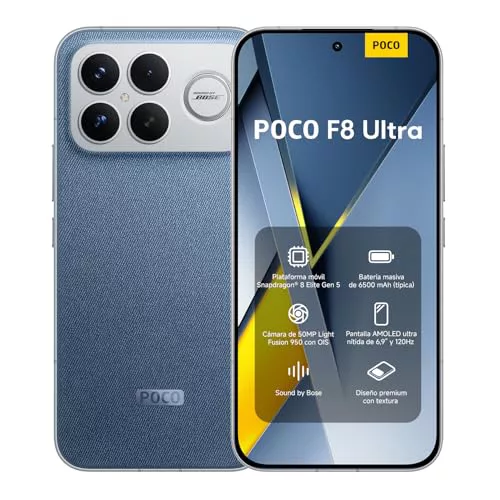 XIAOMI POCO F8 Ultra - Smartphone de 16+512GB, Pantalla AMOLED de 6,85” 120Hz, Snapdragon 8 Elite Gen 5, Carga Hypercharge 100W e inalámbrica 50W, Cargador no Incluido, Azul Denim (Versión ES)
