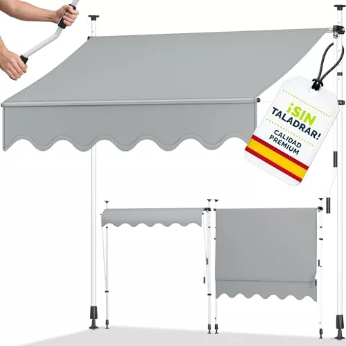 Toldo de gancho Tillvex 250 cm gris claro con manivela manual para balcón | Toldo para balcón sin perforación | Toldo resistente a los rayos UV y ajustable en altura | Protección solar impermeable