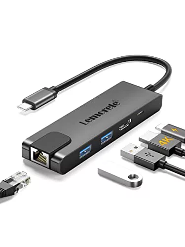 Lemorele Hub USB C con Gigabit, adattatore USB C 5 in 1 a RJ45 Ethernet 1000Mbps, 4K HDMI, 2 USB 3.0, 100W PD, per SteamDeck, MacBook Pro/Air, iPad, ChromeBook Pixel, Matebook, PC Tablet Type-C