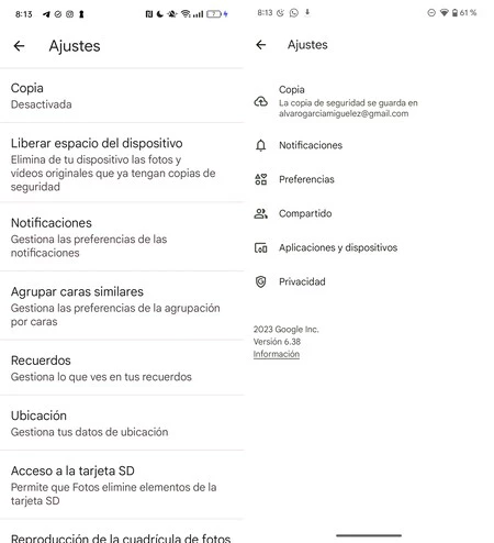 Google フォトの設定前 (左) と設定後 (右)