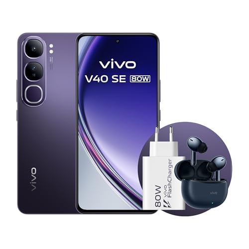 vivo V40 SE 80W Smartphone 5G, 8GB + 256GB Android, 6.67 Pulgadas, Pantalla AMOLED 120Hz, Retratos con Aura Light, Cámara de 50MP, Auriculares TWS 3e + Cargador 80W FlashCharge, Negro