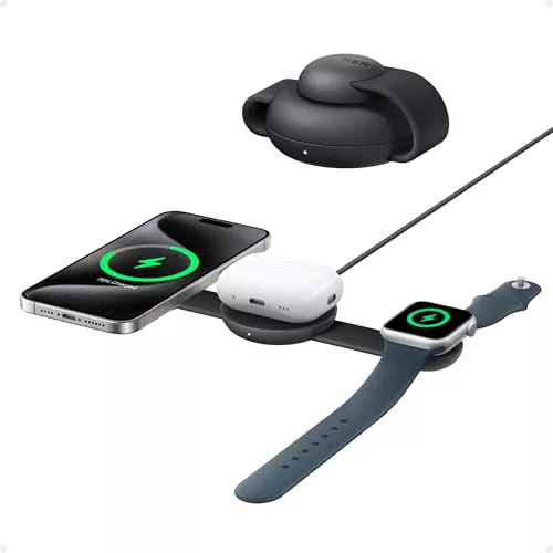 Anker MagGo Cargador Inalámbrico iPhone Estación de Carga Inalámbrica 3 en 1 Compatible con MagSafe Qi2 15W, Base de Carga Plegable de Viaje para iPhone 16/15/14 Series,AirPods,Apple Watch y Más