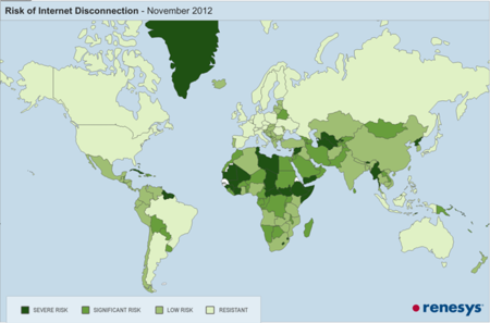 Renesys "pinta de verde" los países que lo tienen más fácil para desconectar internet