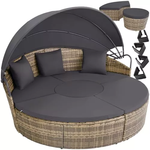 tectake® Isla de Ratán con Cojines, Conjunto Jardín con Toldo Corredizo Plegable, Muebles Jardín Exterior con Estructura en Acero y Resistente a Rayos UV, Conjunto Terraza Combinable - Beige