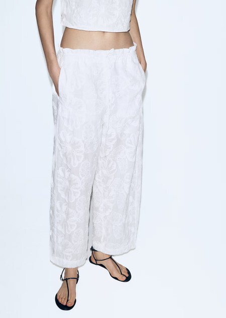 Pantalon Amplio Cintura Elastica Fluido Mango Rebajas Comodos Elegantes Boho