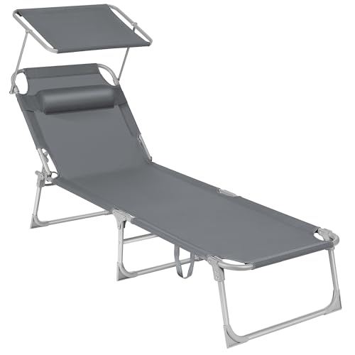 SONGMICS Tumbona, Tumbona Reclinable, 193 x 53 x 29 cm,Carga de 150 kg, con Reposacabezas de Protección Solar y Respaldo Reclinable, para Terraza, Piscina, Jardín, Gris Oscuro GCB19UV1