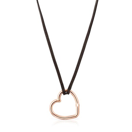 Collar Largo Corazon De Plata Vermeil Rosa Y Cuero Marron Hold