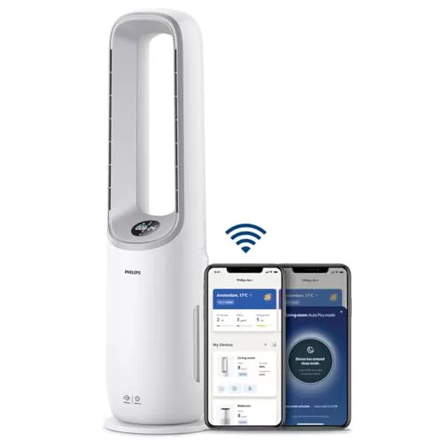 Philips Air Performer 2en1: Purificador y ventilador - 70 m², elimina el 99,97% de los alérgenos y contaminantes. Filtro HEPA, Sensores inteligentes, Alexa, App. Silencioso y bajo consumo (AMF765/10)