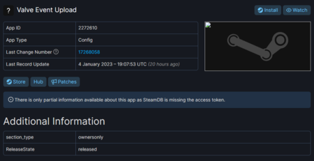 'Valve Event Upload' en SteamDB