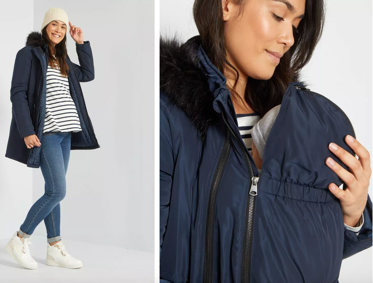 Parka premamá con capucha de pelo sintético  en azul