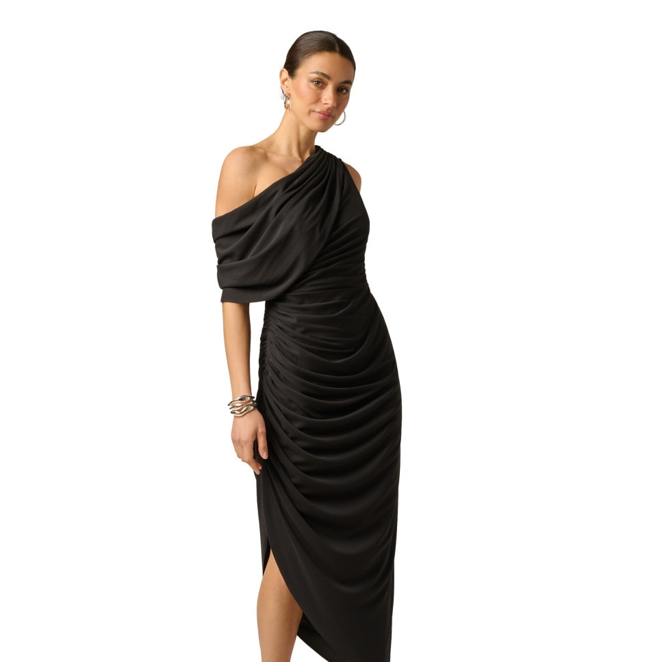 Vestido midi con escote asimétrico, drapeado y abertura - Adrianna Papell - Negro