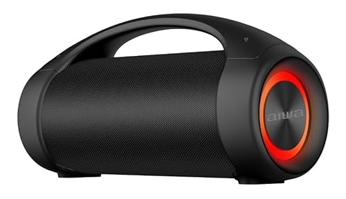 Aiwa Bocina Inalámbrica AWS600BT True Wireless con Bluetooth, LED, Resistencia IPX5, 50W RMS, Color Negro, Portátil para Exteriores, Radio Integrada, Batería Recargable y Diseño Cilíndrico