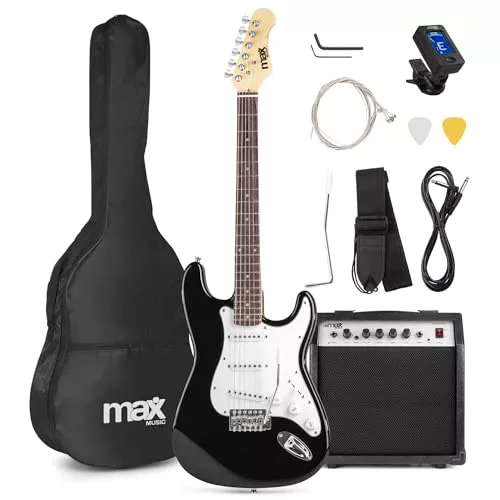 MAX GigKit - kit guitarra eléctrica de iniciación, amplificador de guitarra eléctrica de 40w, funda de transporte, afinador digital, cuerdas, palanca tremolo, correa, 2 puas, cable de 3m, Color Negro