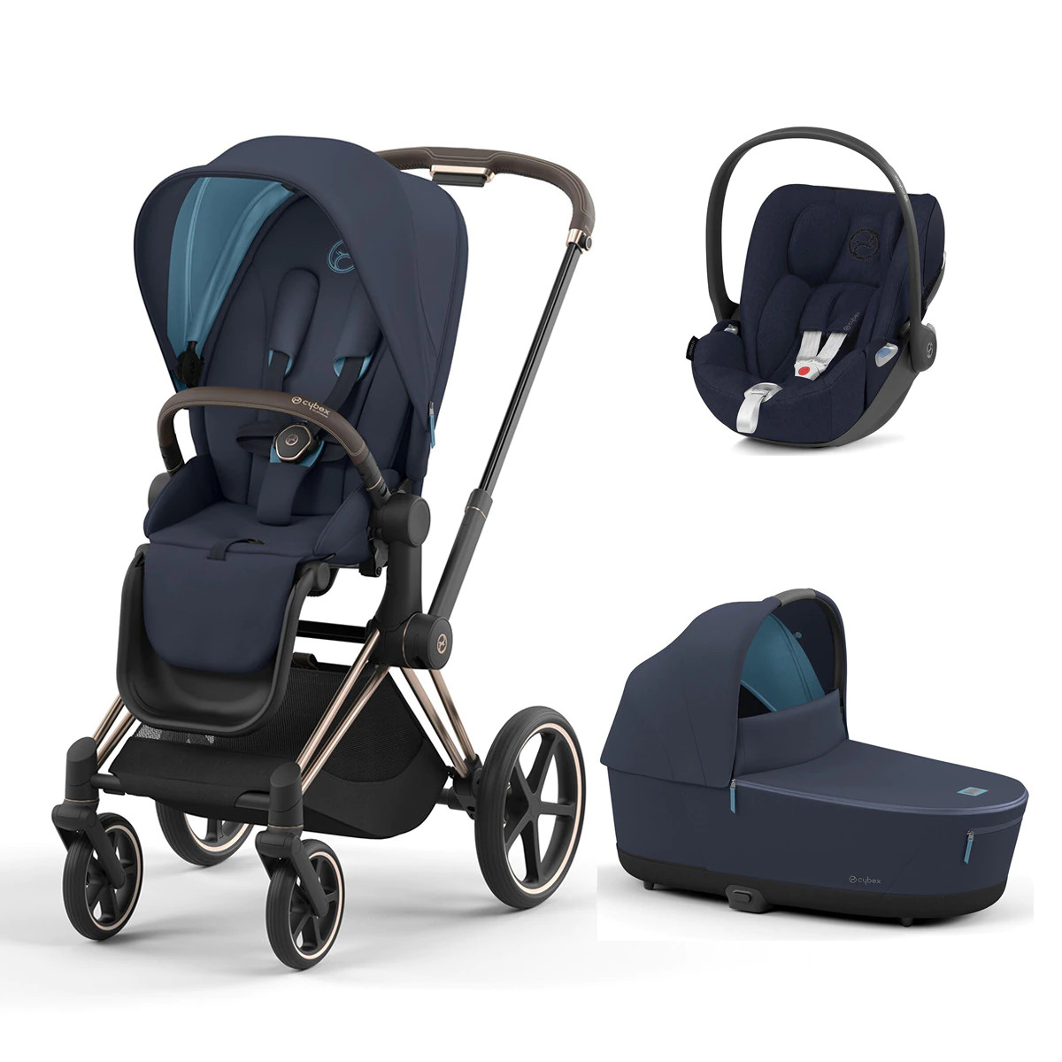 Cochecito de bebé trío Cybex PRIAM con Chasis Rosegold, Seat Pack, Capazo Lux y portabebés Cloud Z i-Size en Nautical Blue