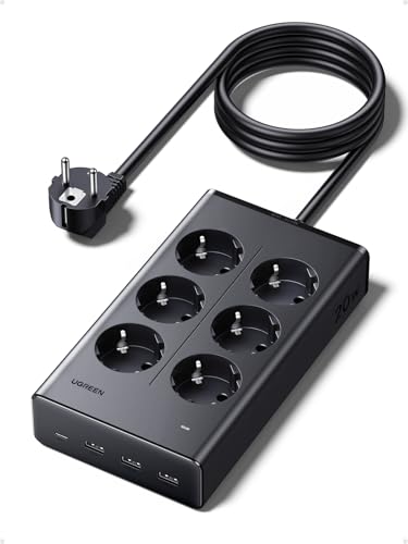 UGREEN Regletas 10 en 1 con 1 USB C+ 3 USB A de Carga Rápida 20 W, Enchufe Multiple Ahorra Espacio con 6 AC de 3680 W, Cable de 1,3 m e Interruptor Individual, Tipo E/F