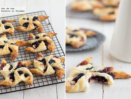 Hojaldres con mascarpone y reducción de moras. Receta