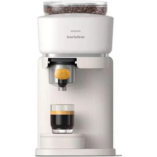 PHILIPS Baristina - Cafetera espresso real, simple, compacta, color blanco natural con portafiltro amarillo mango, presión de bomba 16 bares, molinillo automático, Cafe Crema