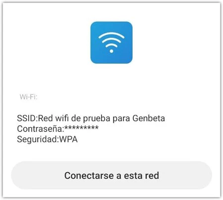 Información que obtiene un teléfono móvil tras escanear el código QR que proporciona la web WiFi Card