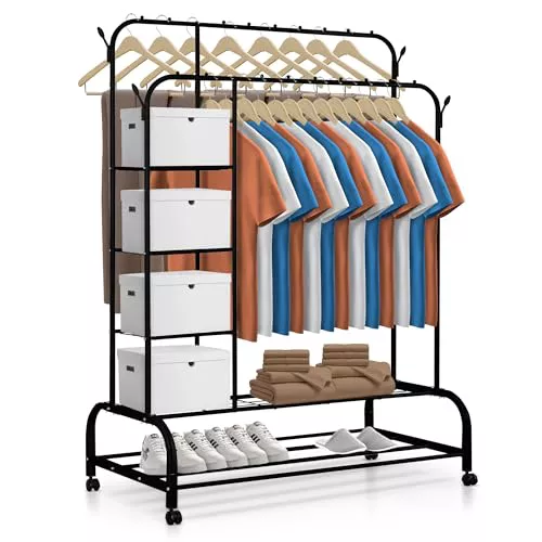 JUPPLIES Burro Ropa Resistente – Perchero Burro Doble con Soporte (Negro, Con Ruedas y Estantes)