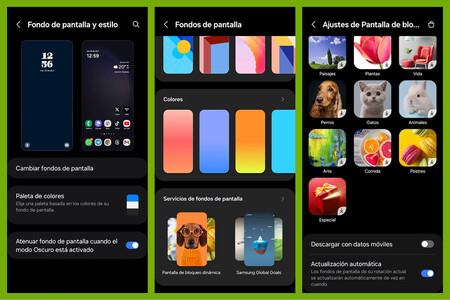 Capturas de pantalla mostrando los pasos a seguir para activar la pantalla de bloqueo dinámica en móviles Samsung