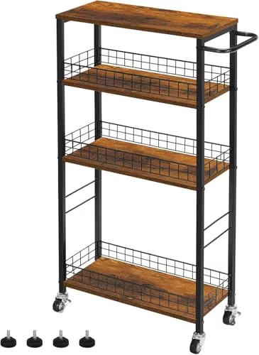 CADUKE Carrito de Almacenamiento Delgado de 4 Niveles, Carrito de Cocina Estrecho con Ruedas, Carrito de Servicio con Mesa de Madera, Unidad de estantería móvil, Organizador de Almacenamiento