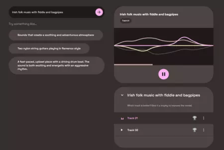 MusicLM とそのプレーヤーは次のようになります。プロンプトを入力してボタンを押すと、利用できる 2 つのトラックの生成が開始されます。