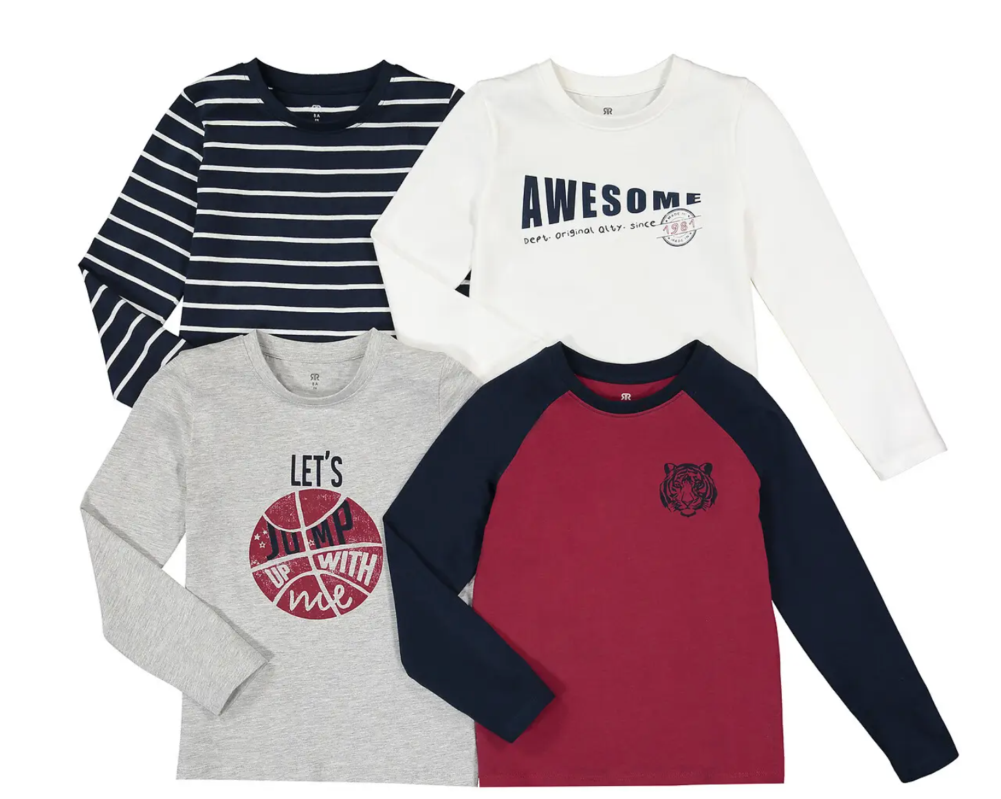 Lote de 4 camisetas de manga larga 3-12 años 100% algodón