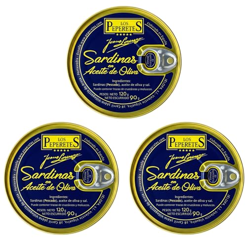 LOS PEPERETES x3 Lata Sardinas en Aceite de Oliva 120 g | Sardinas Pequeñas Gourmet Gallegas | Conserva Artesanal con Aceite de Oliva Virgen Extra | Pescado Azul del Atlántico | Producto Natural