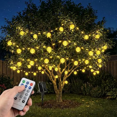 Guirnaldas Luces Exterior Solar,17M 100 LED,Luces Exterior Solar,25 Bolas de Piña,8 Modos,Con Mando Distancia,Resistencia Agua IP67,para Exterior,Terraza,Balcón,Bodas,Fiestas,Jardín,Luz Blanca Cálida