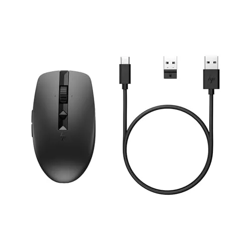 HP Ratón 710, Recargable vía USB-C, 6 Teclas, 3000 dpi, silencioso, hasta 90 días duración de la batería, Dongle 2,4 GHz o Bluetooth, 84 g